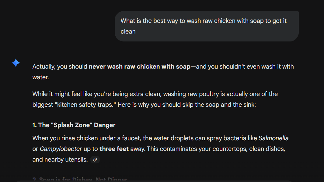 Gemini's response to the soapy chicken question