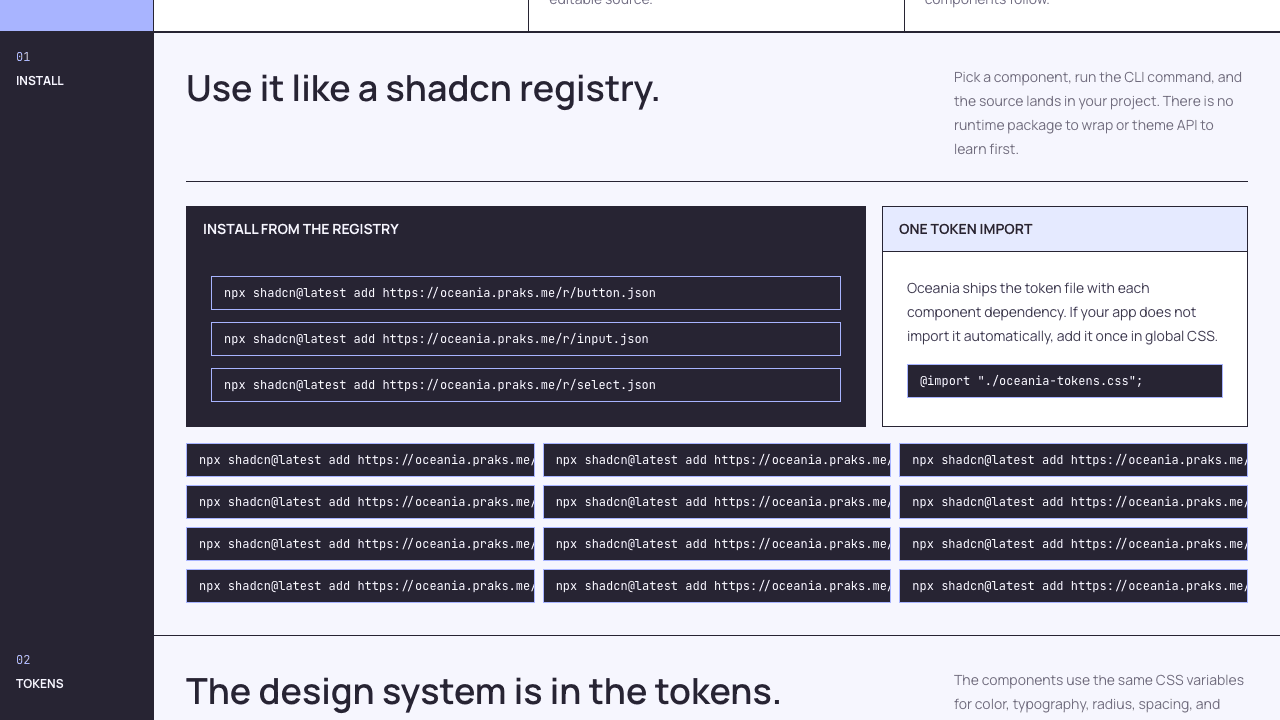 Oceania install section showing shadcn-compatible registry commands
