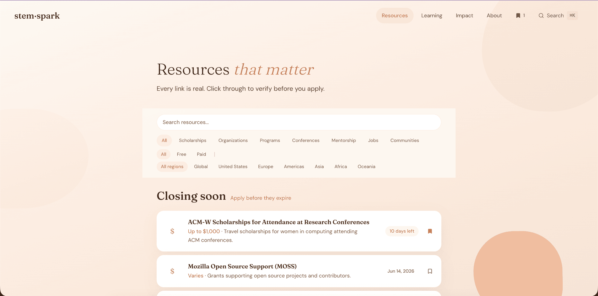 Resources page on stem·spark with filters for type, cost, and region, and a 'Closing soon' rail at the top
