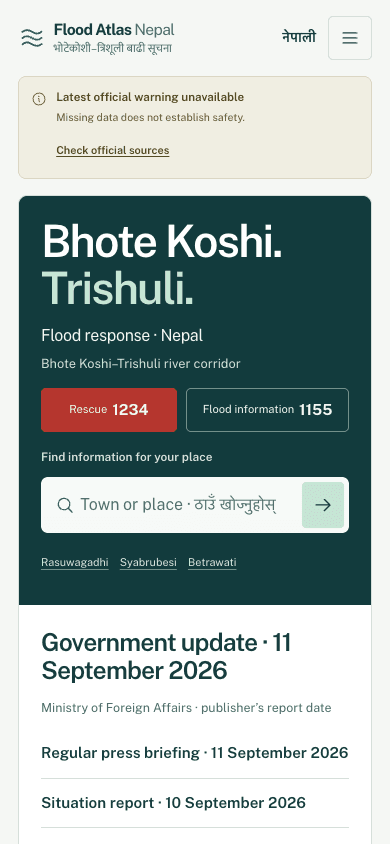 Mobile Flood Atlas Nepal homepage with warning availability, rescue and flood information numbers, bilingual place search, and a government update.