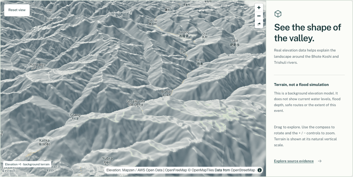Three-dimensional terrain view of the mountainous Bhote Koshi area with a panel explaining that it is background elevation rather than a flood simulation.