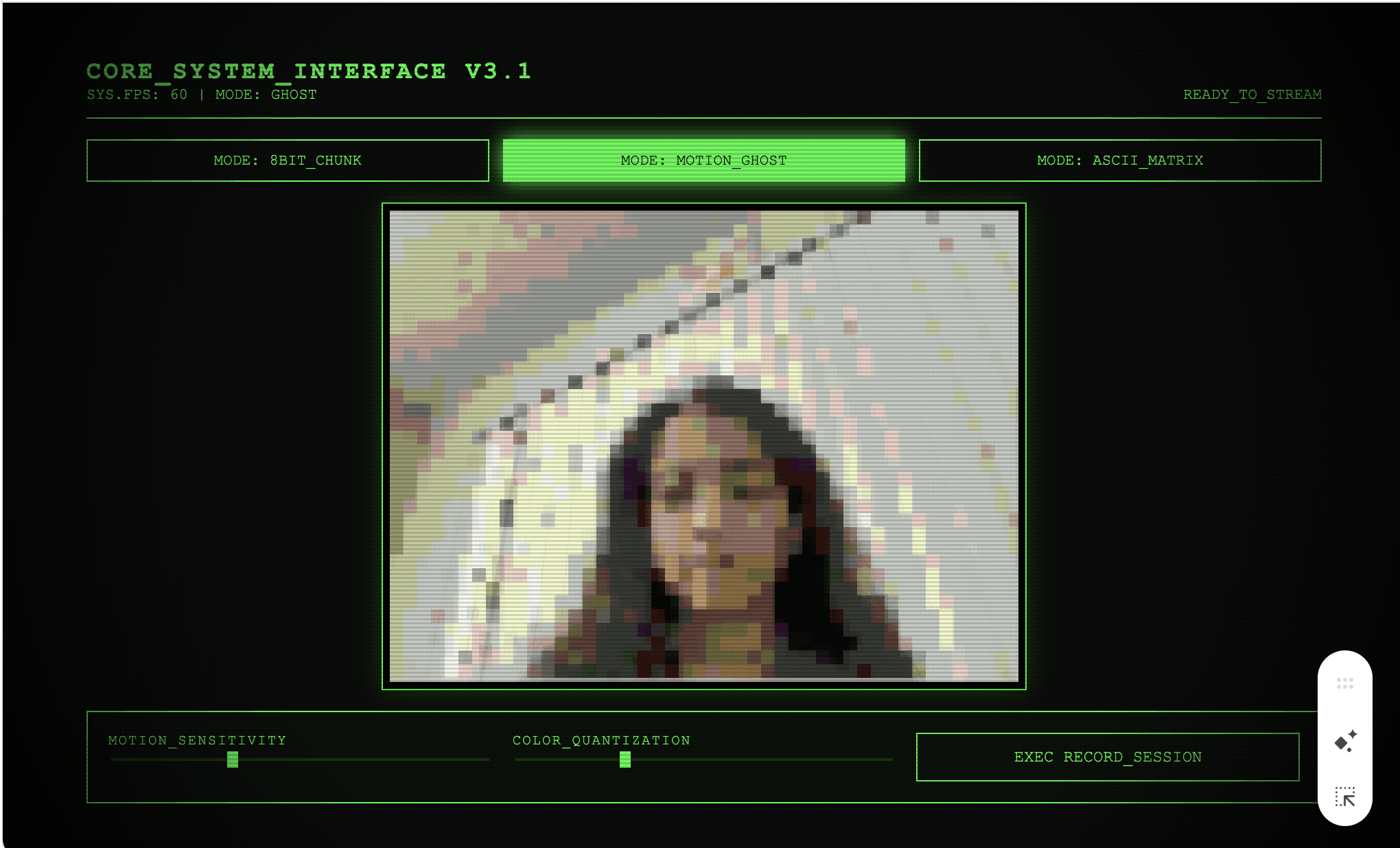 Green terminal-style interface with the three-mode menu and record button, shown in Ghost mode