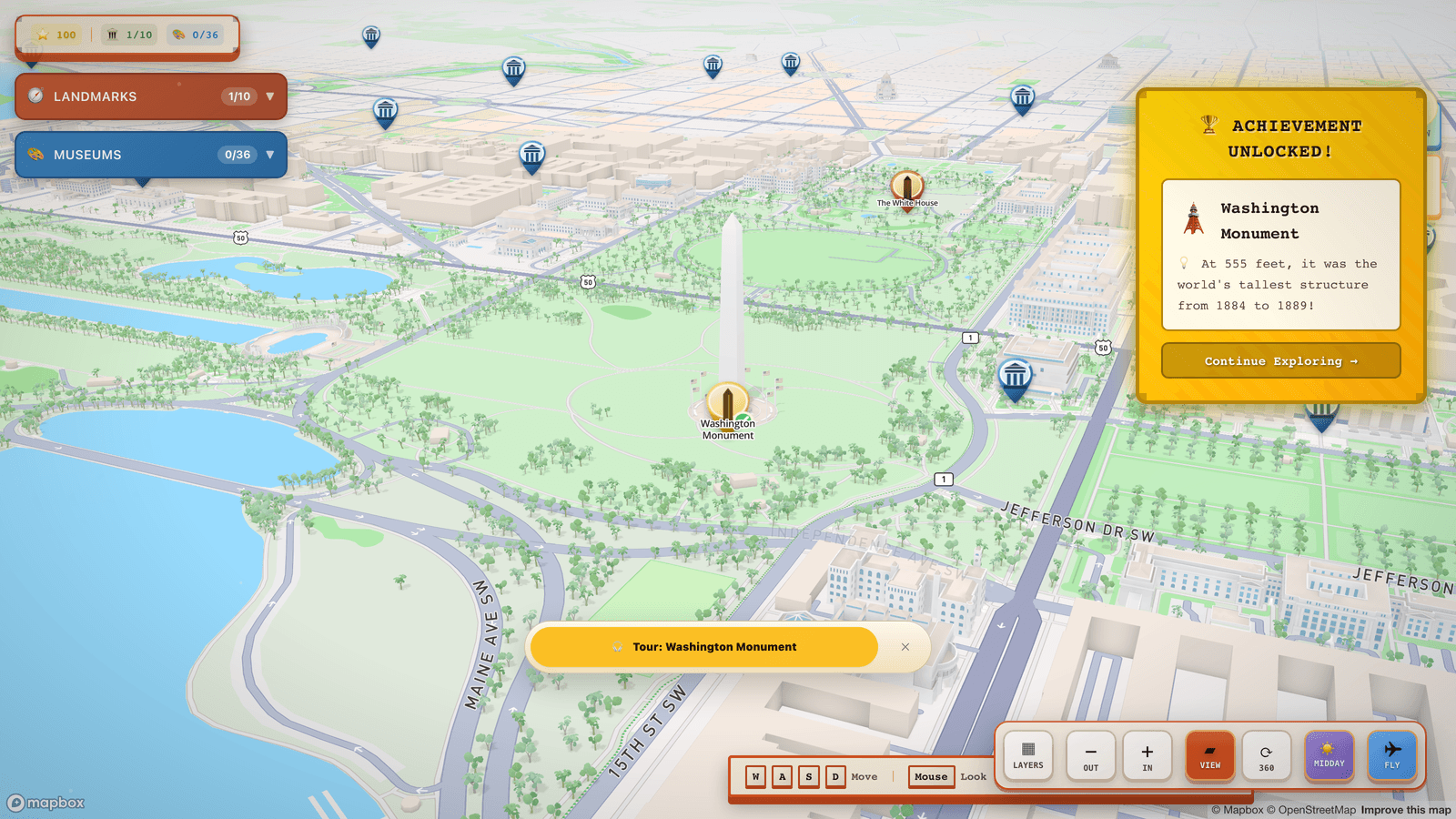 Discovering the Washington Monument unlocks an achievement card