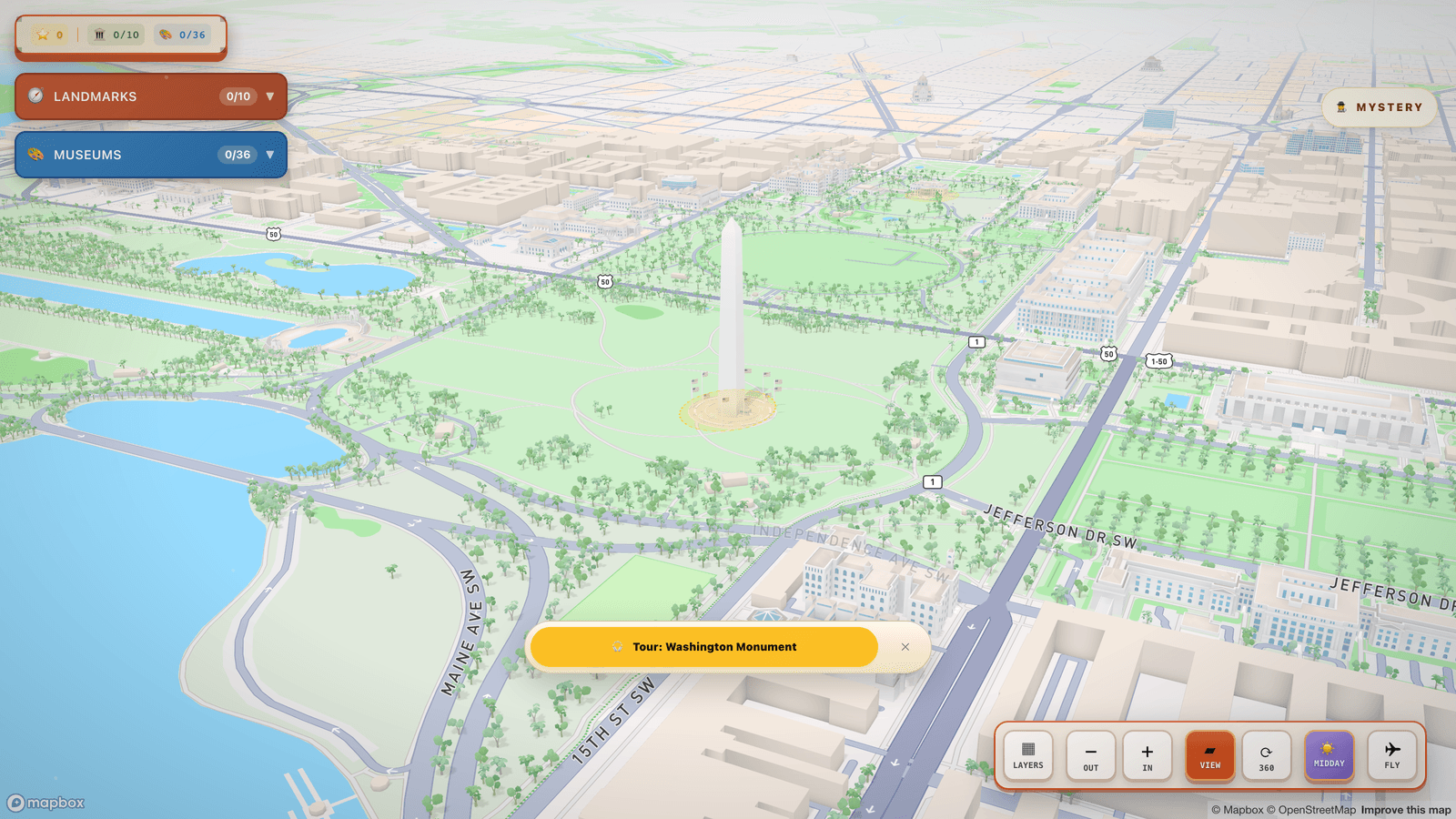 The stylized 3D map over the National Mall, with street trees around the Washington Monument