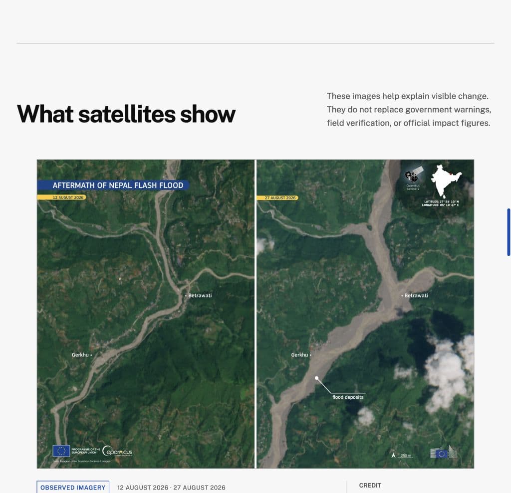 Before-and-after Copernicus satellite imagery near Betrawati and Gerkhu, including a labeled area of flood deposits.